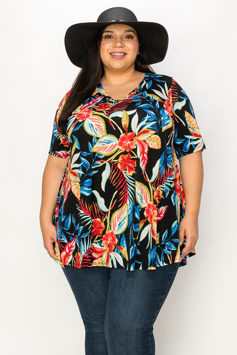 Black Tropical Shirt Top V Neck