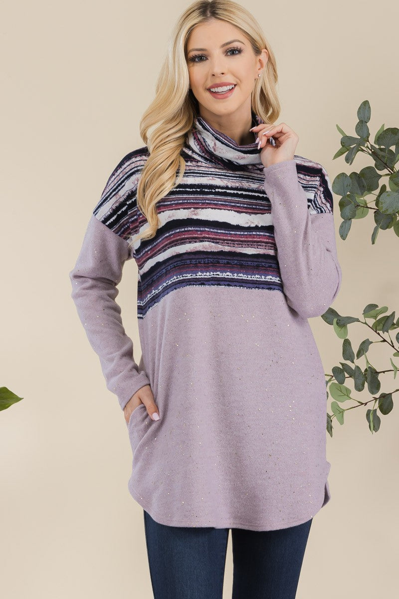 Purple Stripe Cowlneck Shirt Top