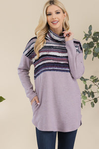 Purple Stripe Cowlneck Shirt Top
