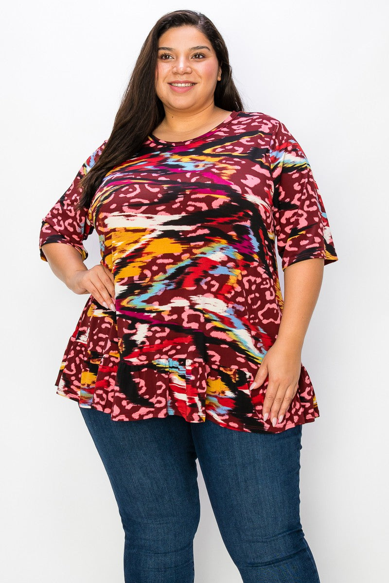 Burgundy Leopard Shirt Top w Ruffle Hem
