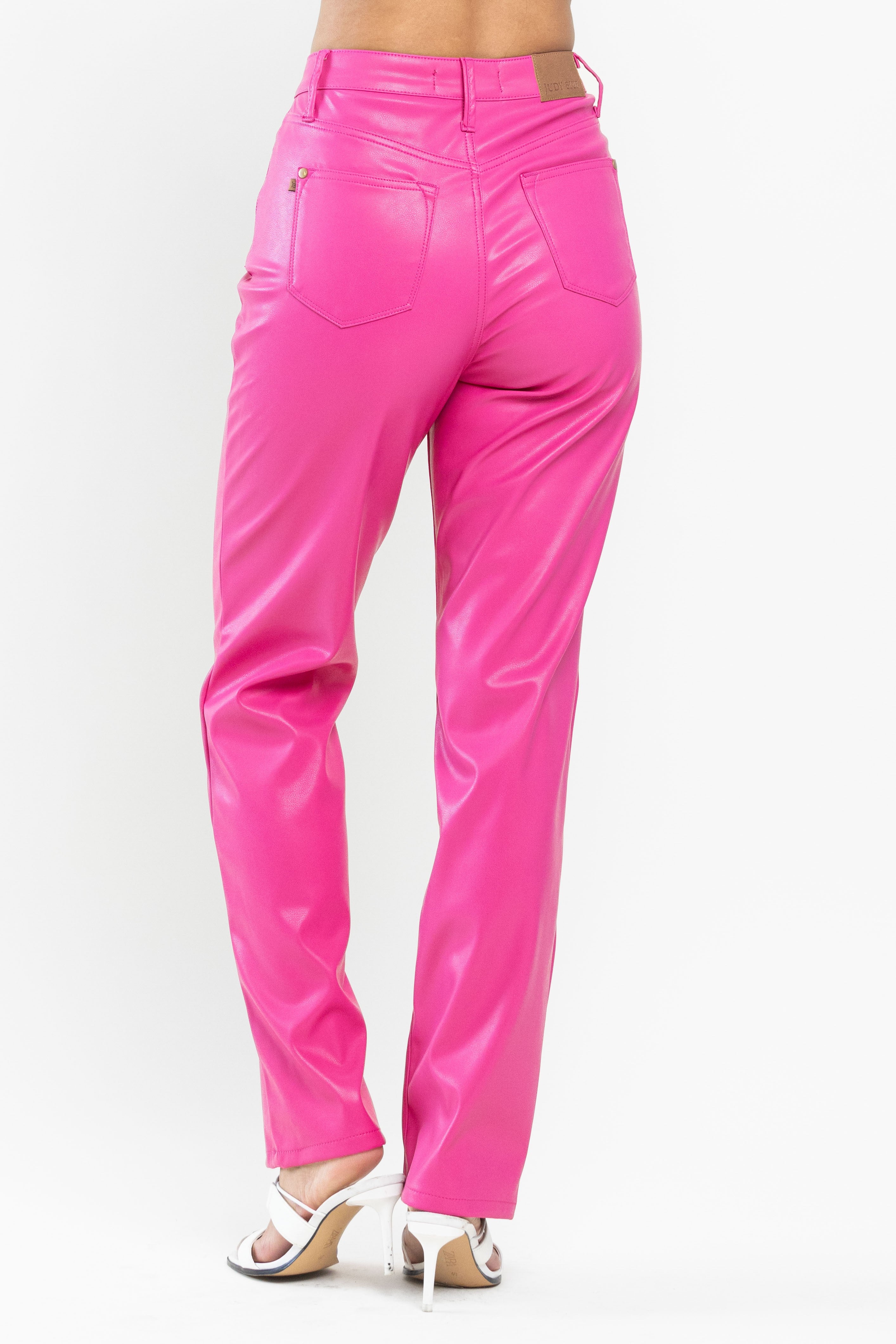 Judy Blues Blue Pink Faux Leather Straight High Waist Tummy Control Pant Pants