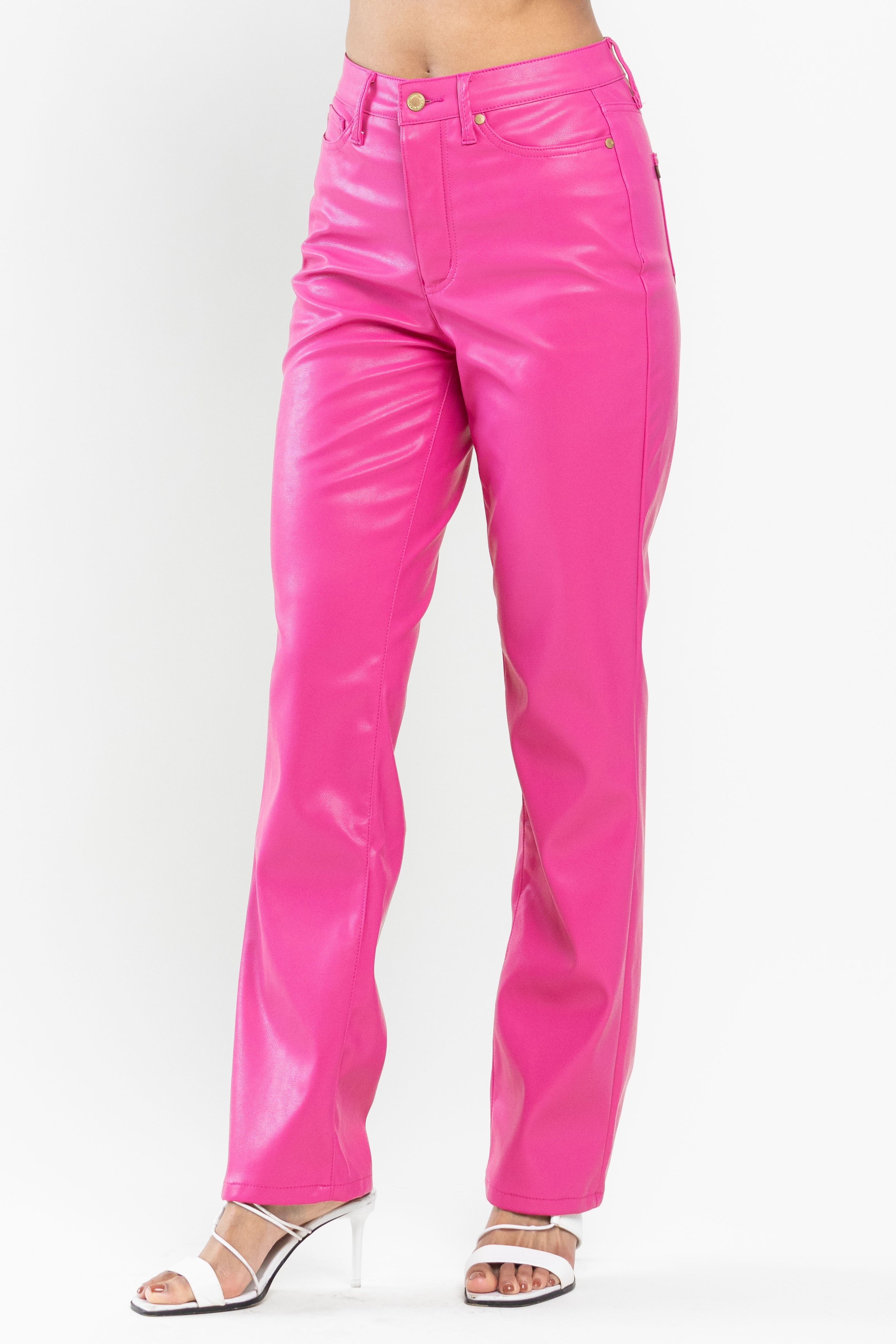Judy Blues Blue Pink Faux Leather Straight High Waist Tummy Control Pant Pants