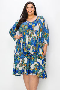 Blue Medallion 3Qtr Sleeve Tiered Dress