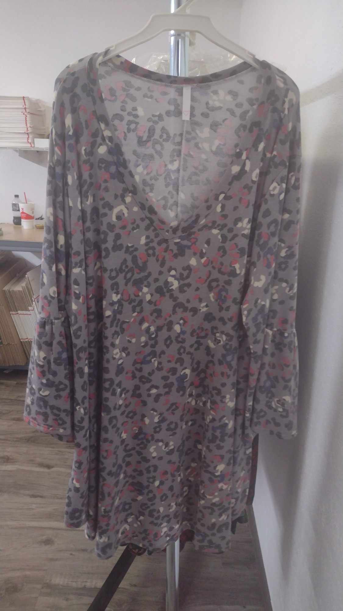 Gray Multi Print Animal Leopard Print V Neck Shirt Top