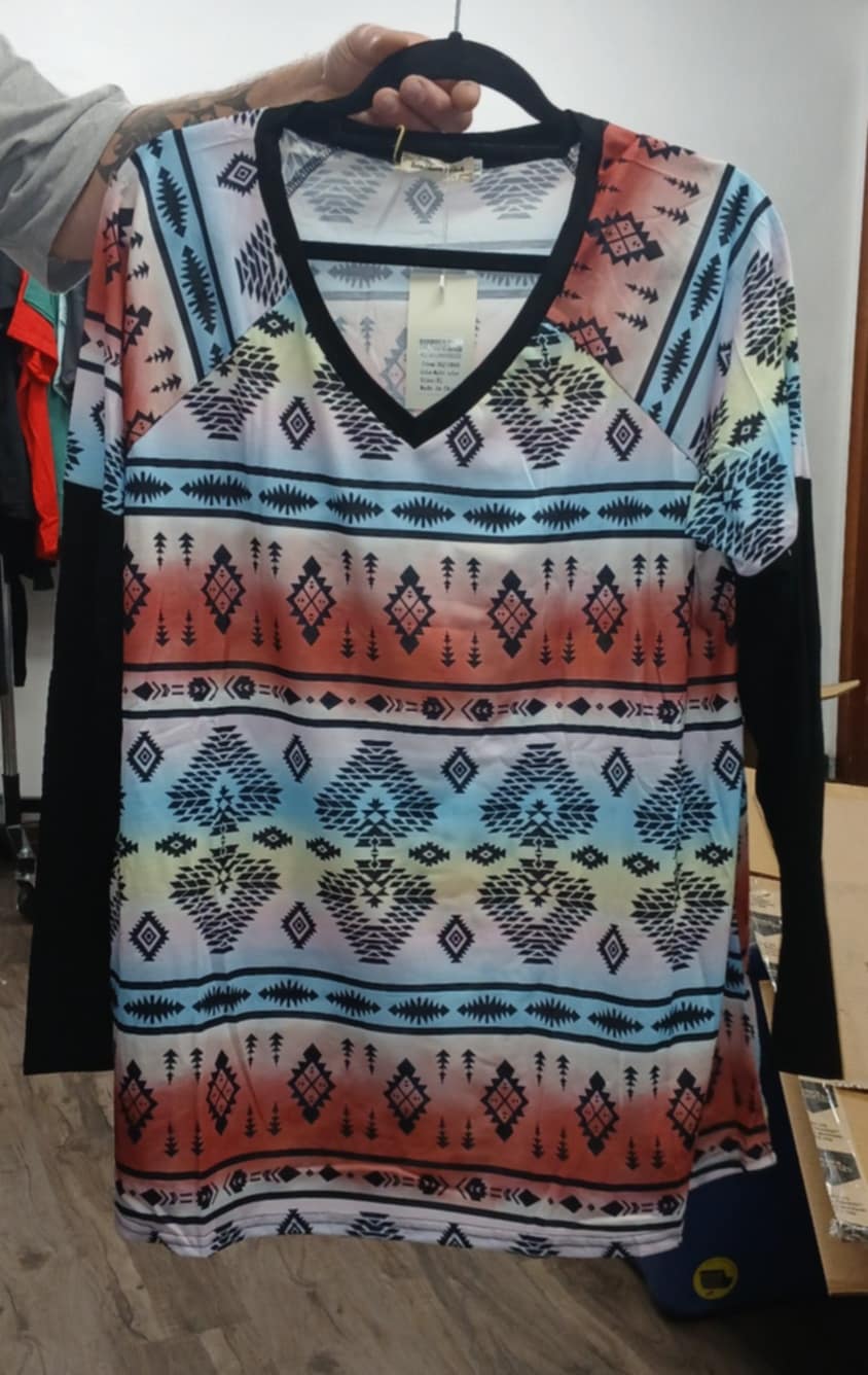 Aztec Western Print Shirt Top w Black Sleeves