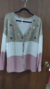 Beige Pink Colorblock Polka Dot Button Shirt Top
