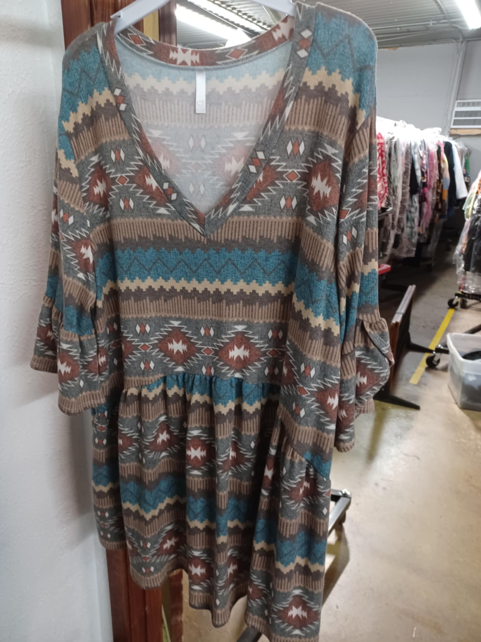 Brown Blue Aztec Western Print Shirt Top