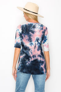 PSFU Navy Pink Ribbed Horseshoe Neck Tie Dye Shirt Top
