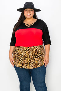 PSFU Black Red Leopard X Criss Cross Caged Neckline Colorblock Shirt Top