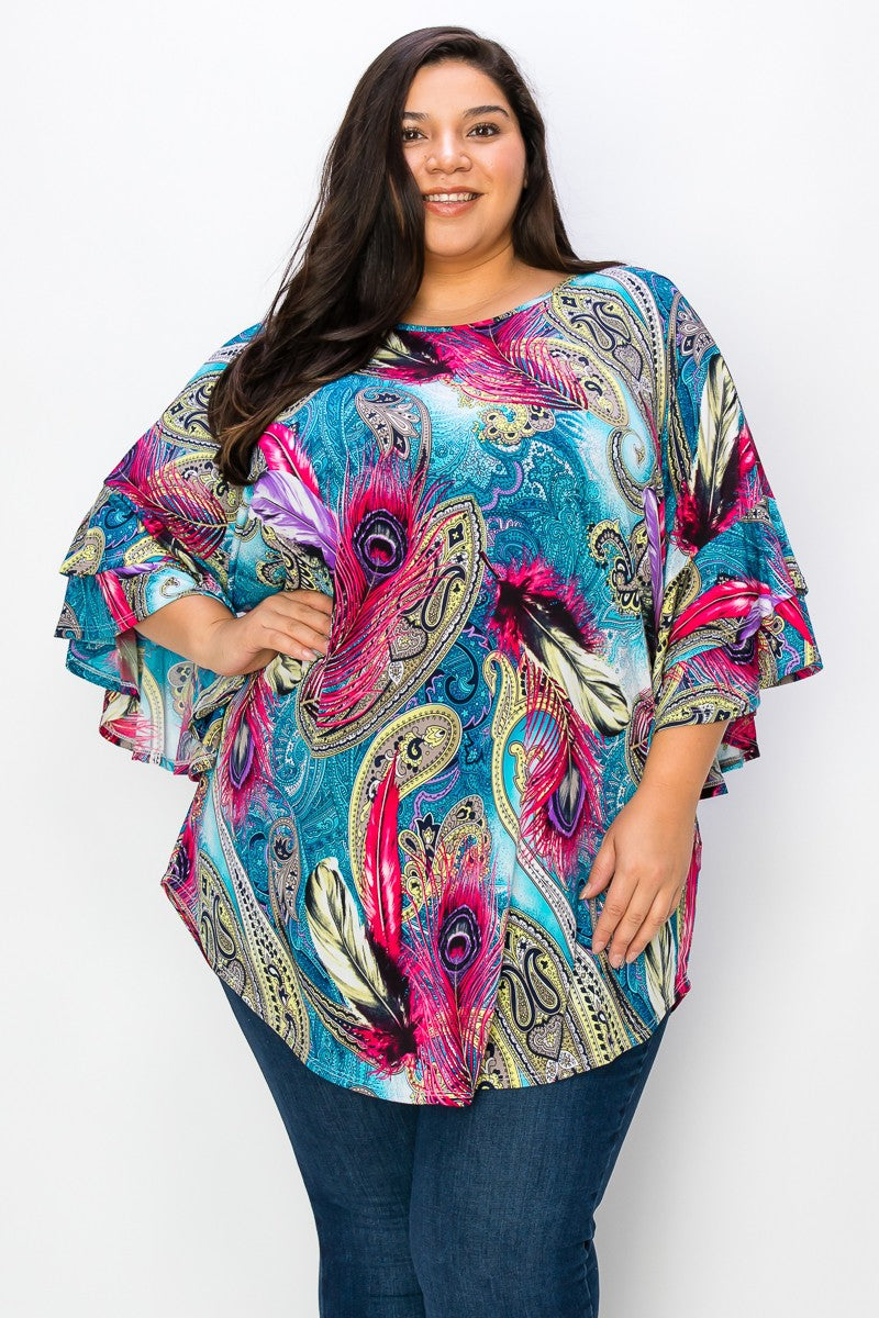 Vibrant Teal Blue Pink Peacock Feather Shirt Top Tunic