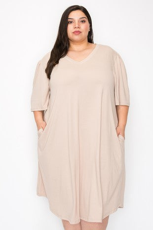 Solid Beige V Neck Dress w Pockets