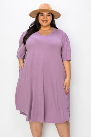 Solid Purple Dress w Wide Flutter Sleeves & Pockets