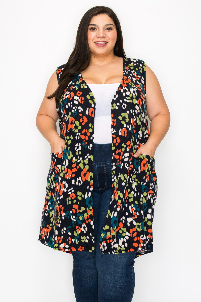 Navy Green Orange Leopard Vest w Pockets