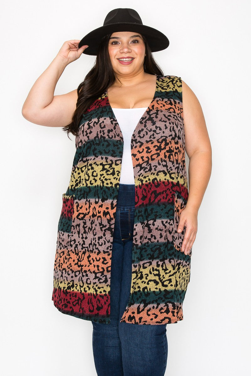 Multi Leopard Print Vest with Side Pockets – Plus Size For Us
