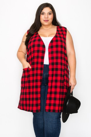 Red & Black Plaid Open Front Vest w Pockets