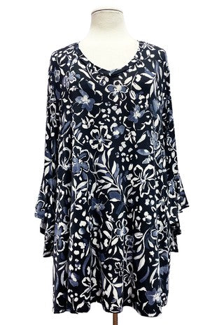 Black Gray White Flower Print Tunic Shirt Top