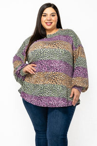 Purple Green Stripe Leopard Print Shirt Top w Bubble Sleeves