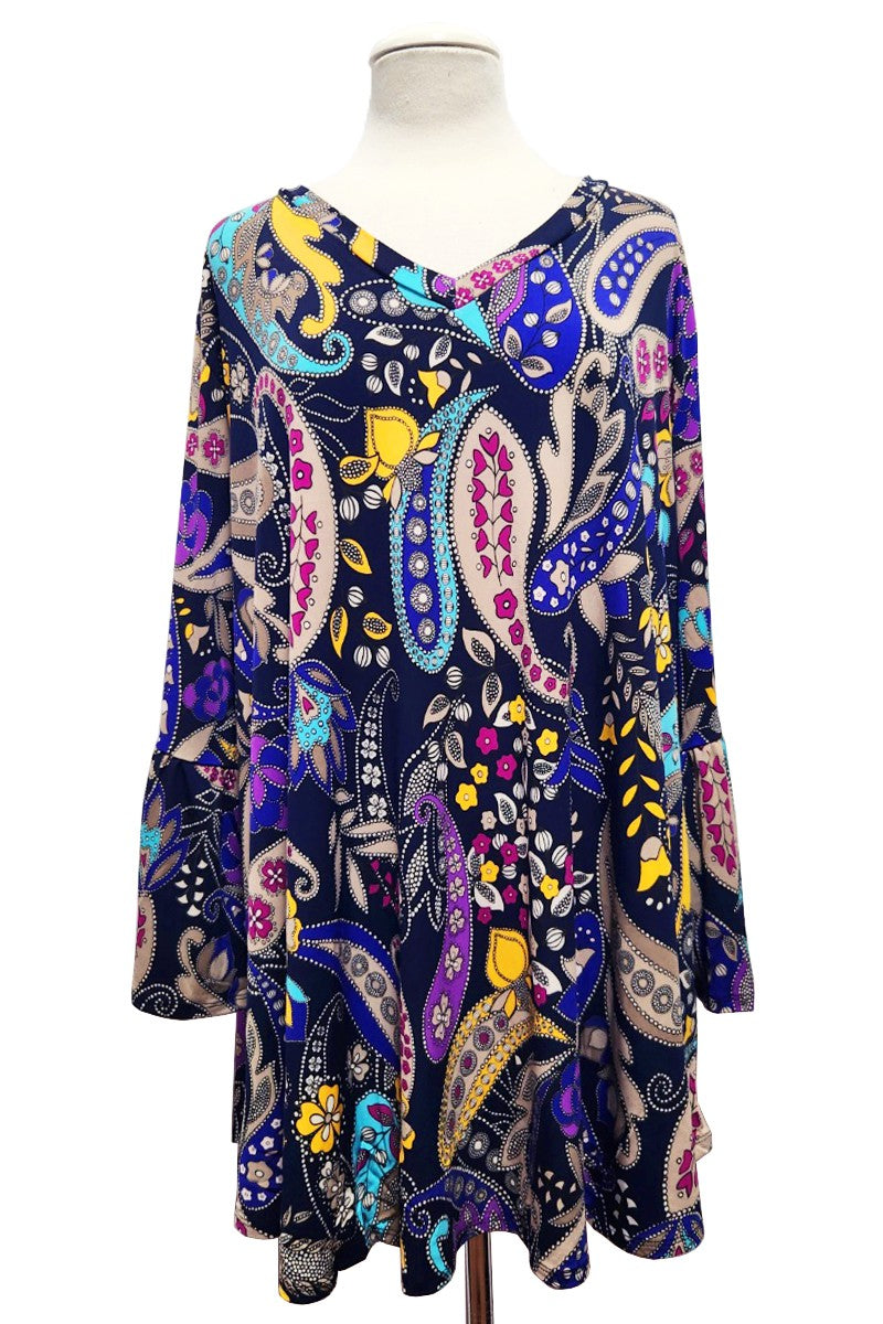 Dark Navy Yellow Teal Paisley Print Shirt Top