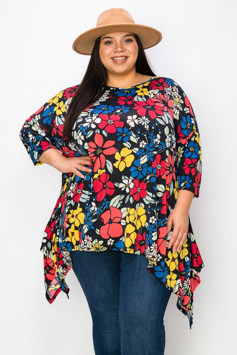 Black Red Blue Floral Sharkbite Shirt Top