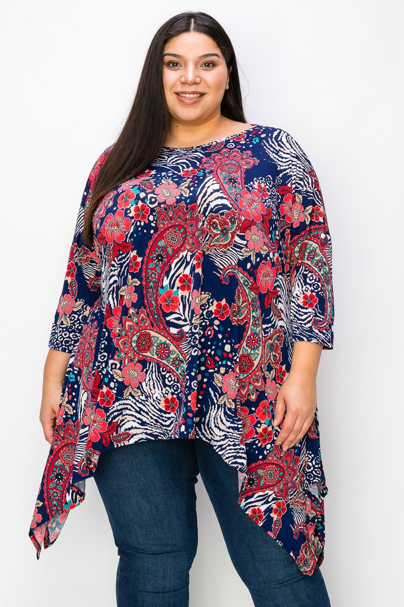 Navy Red Floral Paisley Print Sharkbite Shirt Top