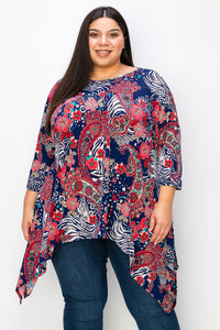 Navy Red Floral Paisley Print Sharkbite Shirt Top
