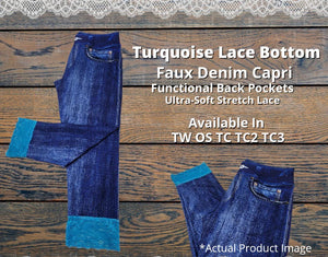 Denim Capri Capris w Lake Blue Turquoise Lace Bottoms