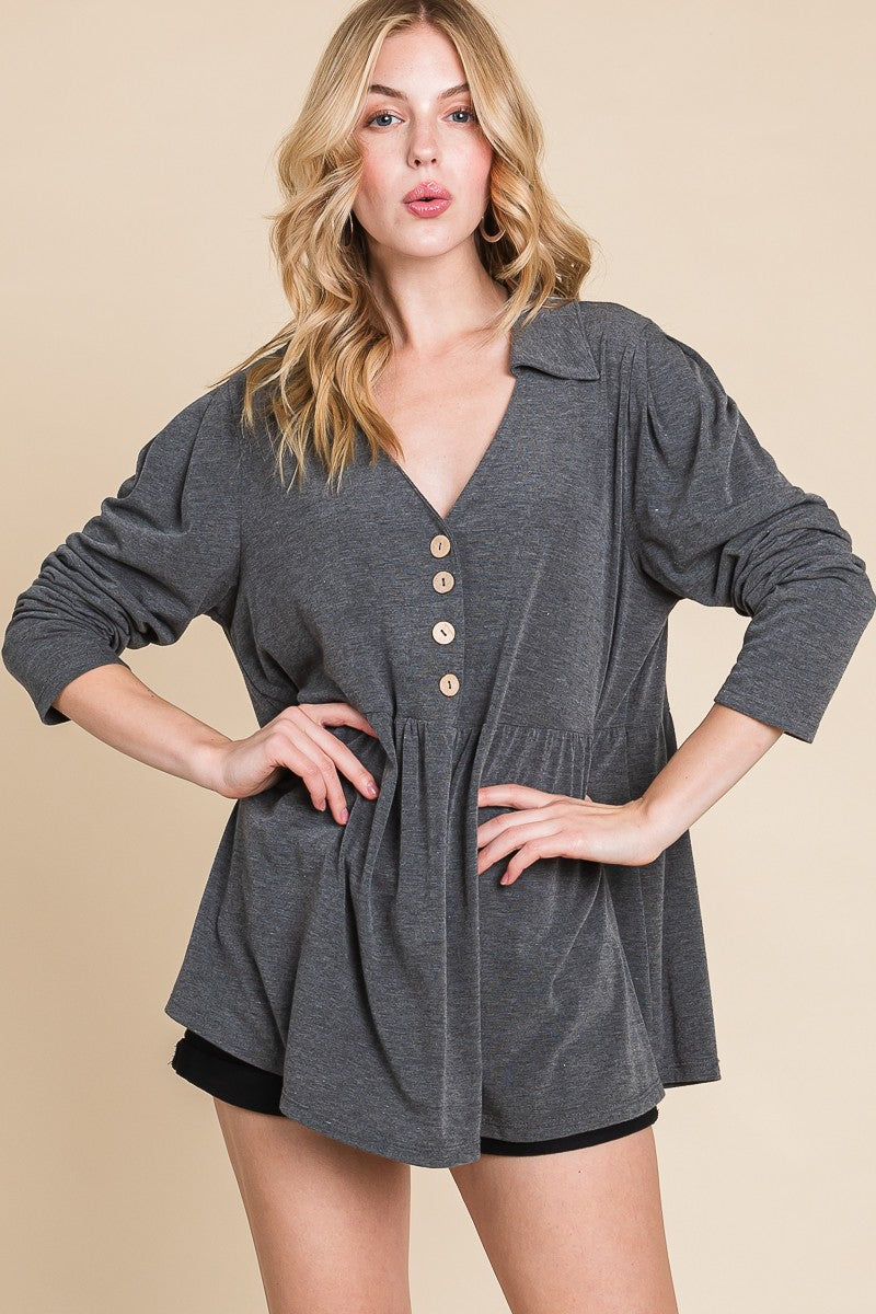 Gray Button Shirt Top w Collar Detail