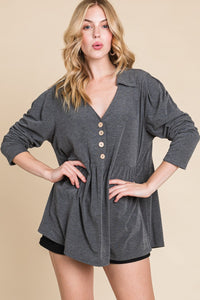 Gray Button Shirt Top w Collar Detail