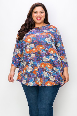 Blue Purple Orange Floral Shirt Top