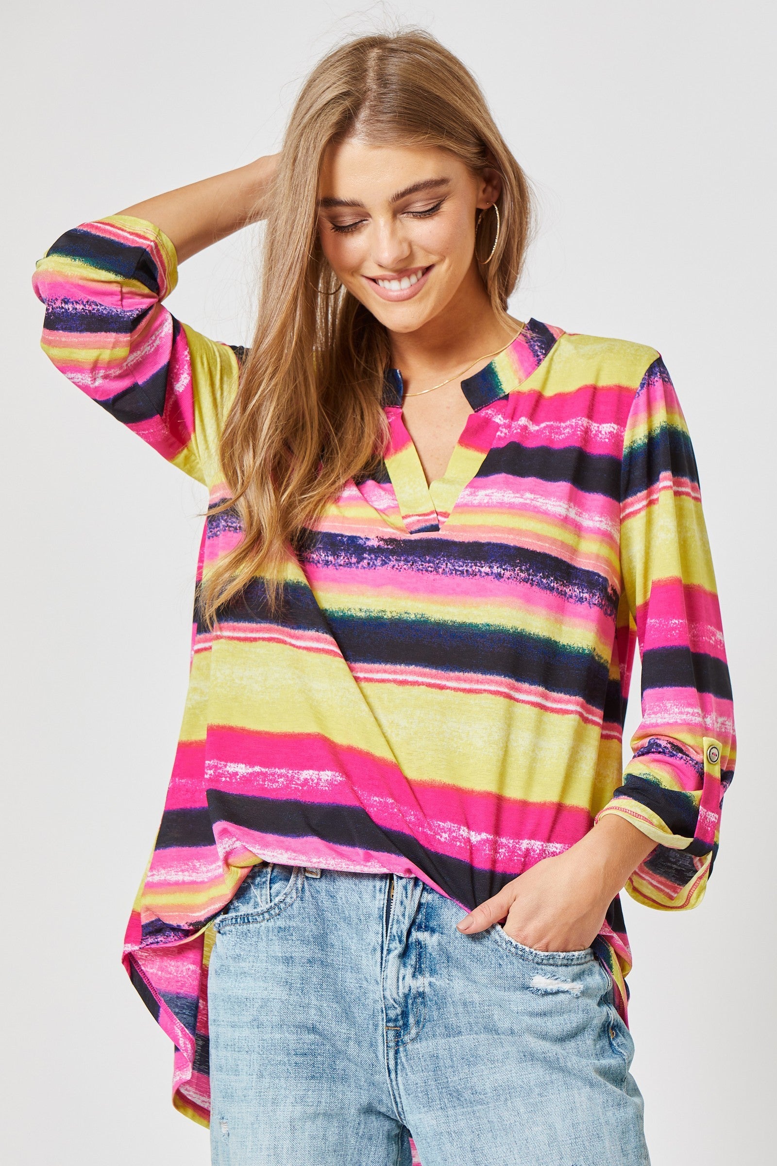 Pink Purple Yellow Black Collar Shirt Top