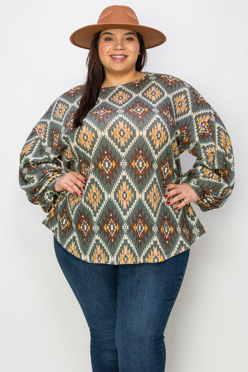 Gray Green Brown Aztec Western Shirt Top w Bubble Sleeves