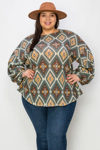Gray Green Brown Aztec Western Shirt Top w Bubble Sleeves