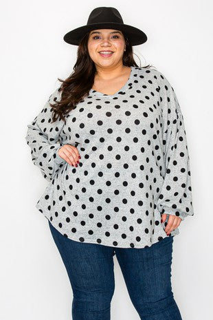 Gray Polka Dot Long Bubble Sleeve Shirt Top