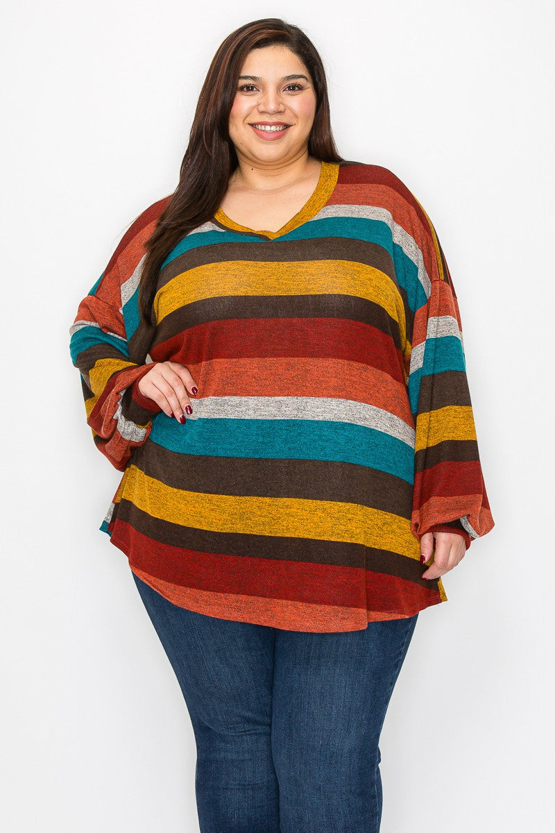 Awesome Fall Stripe Colored Shirt Top w Bubble Sleeves – Plus Size For Us