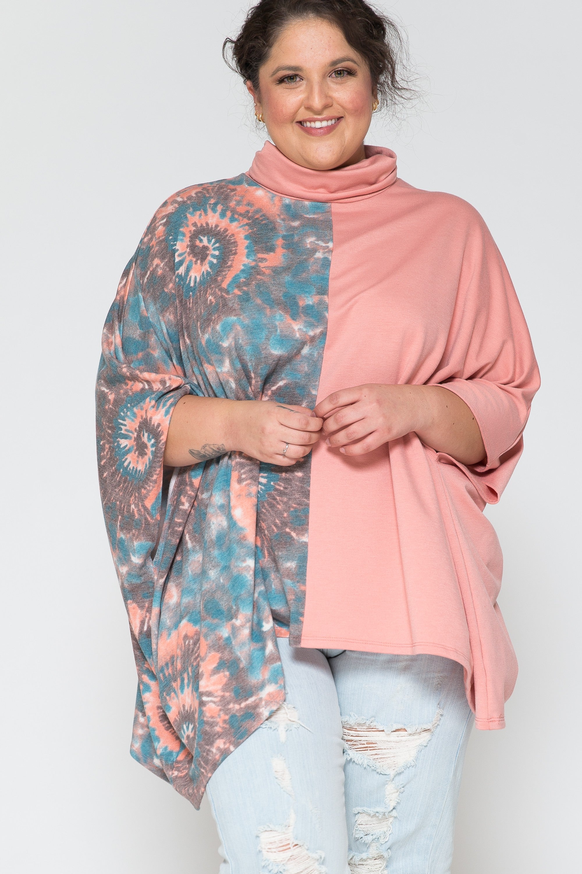 Oversize OSFM Pink Tie Dye Poncho Shirt Top