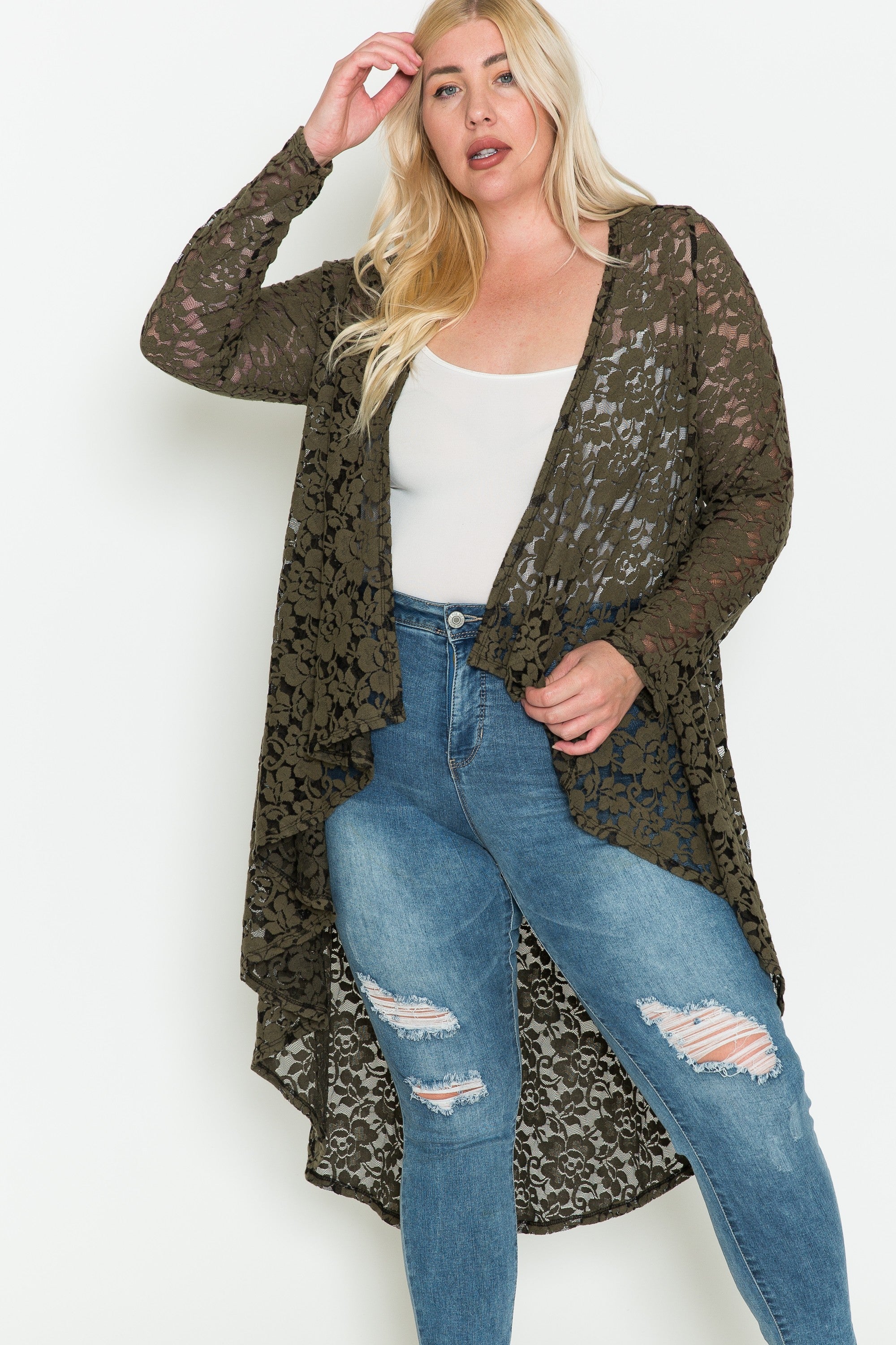 Olive Green Lace Cardigan Layering Piece