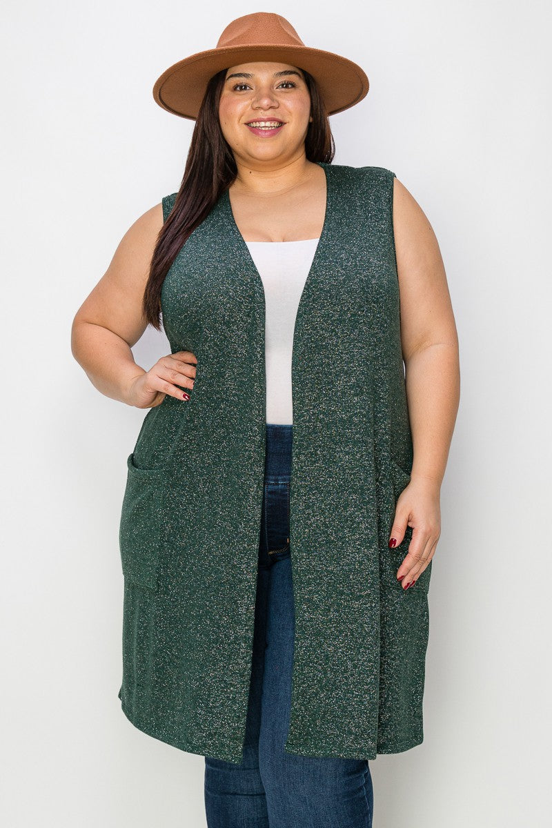 Dark Green Silver Sparkle Open Front Vest w Pockets