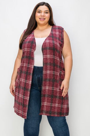 Burgundy Plaid Vest Layering Piece w Pockets