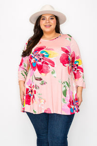 Big Pink Floral Print 3Qtr Sleeves Shirt Top