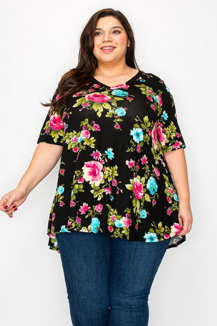 Gorgeous Black Pink Blue Floral Shirt Top Green Accents