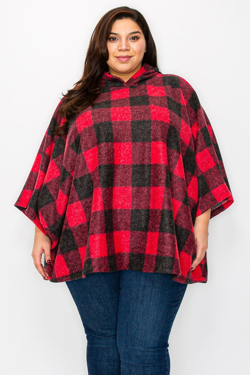 Red & Black Plaid Checker Poncho Hoodie