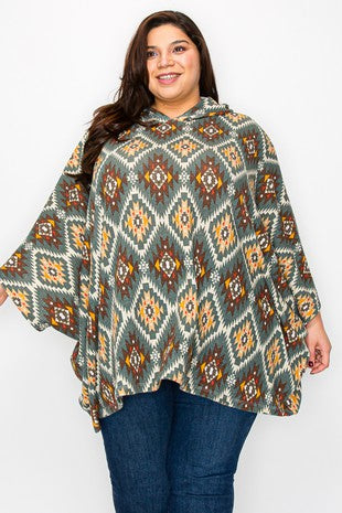 Aztec Western Print Oversized Poncho Hoodie
