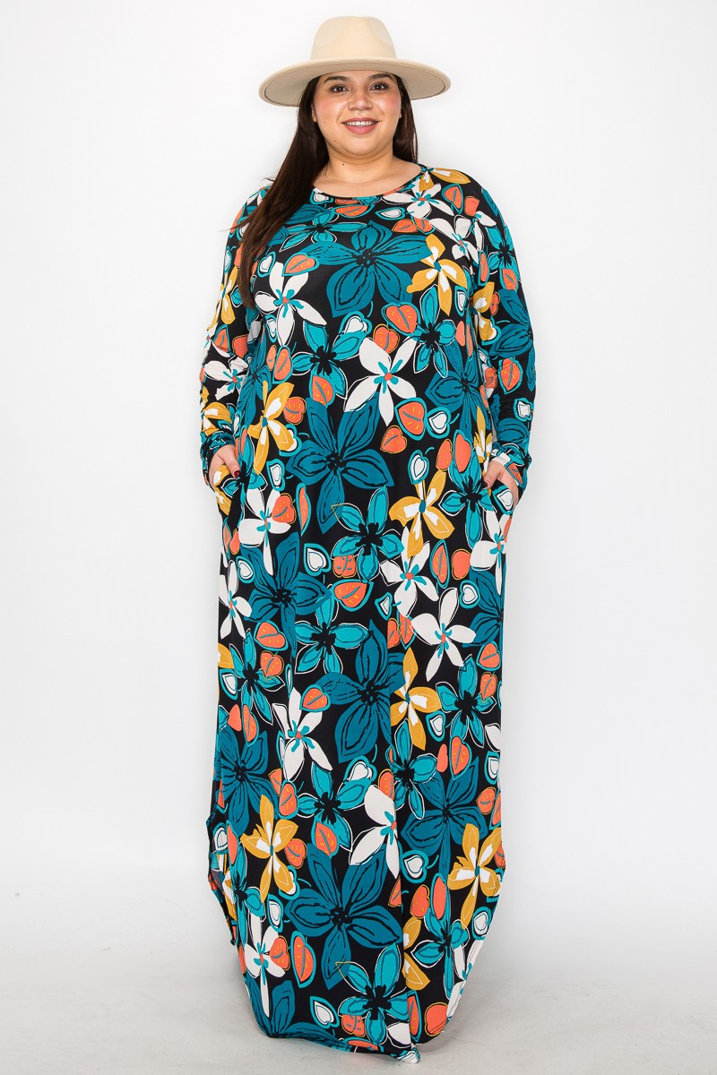 Black Teal Orange Floral Maxi Dress w Pockets