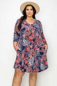 Navy Red Paisley Print Dress w Pockets
