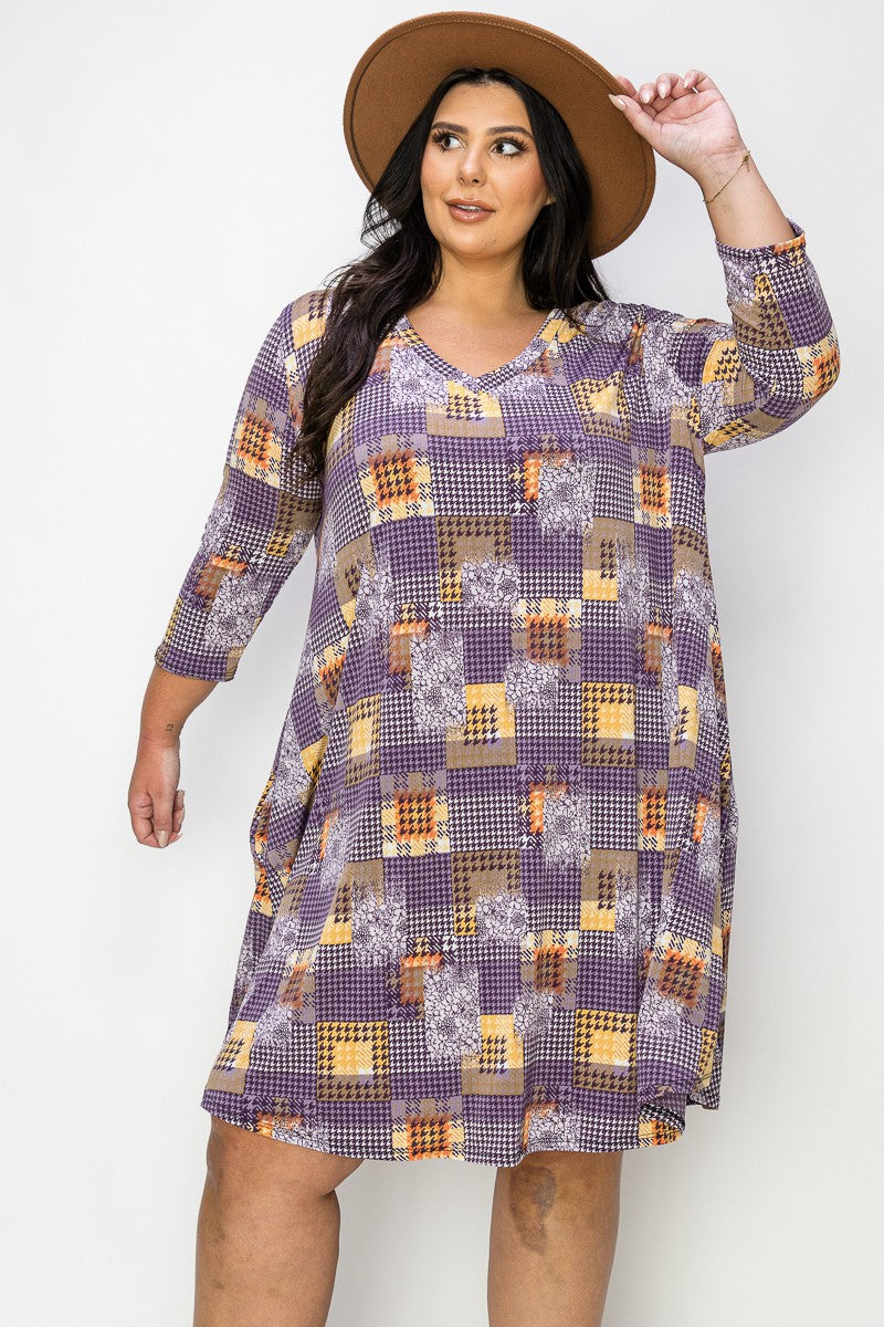 Purple Orange Patchwork Dress 3 Qtr Sleeves and Pockets