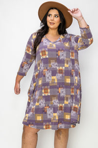 Purple Orange Patchwork Dress 3 Qtr Sleeves and Pockets