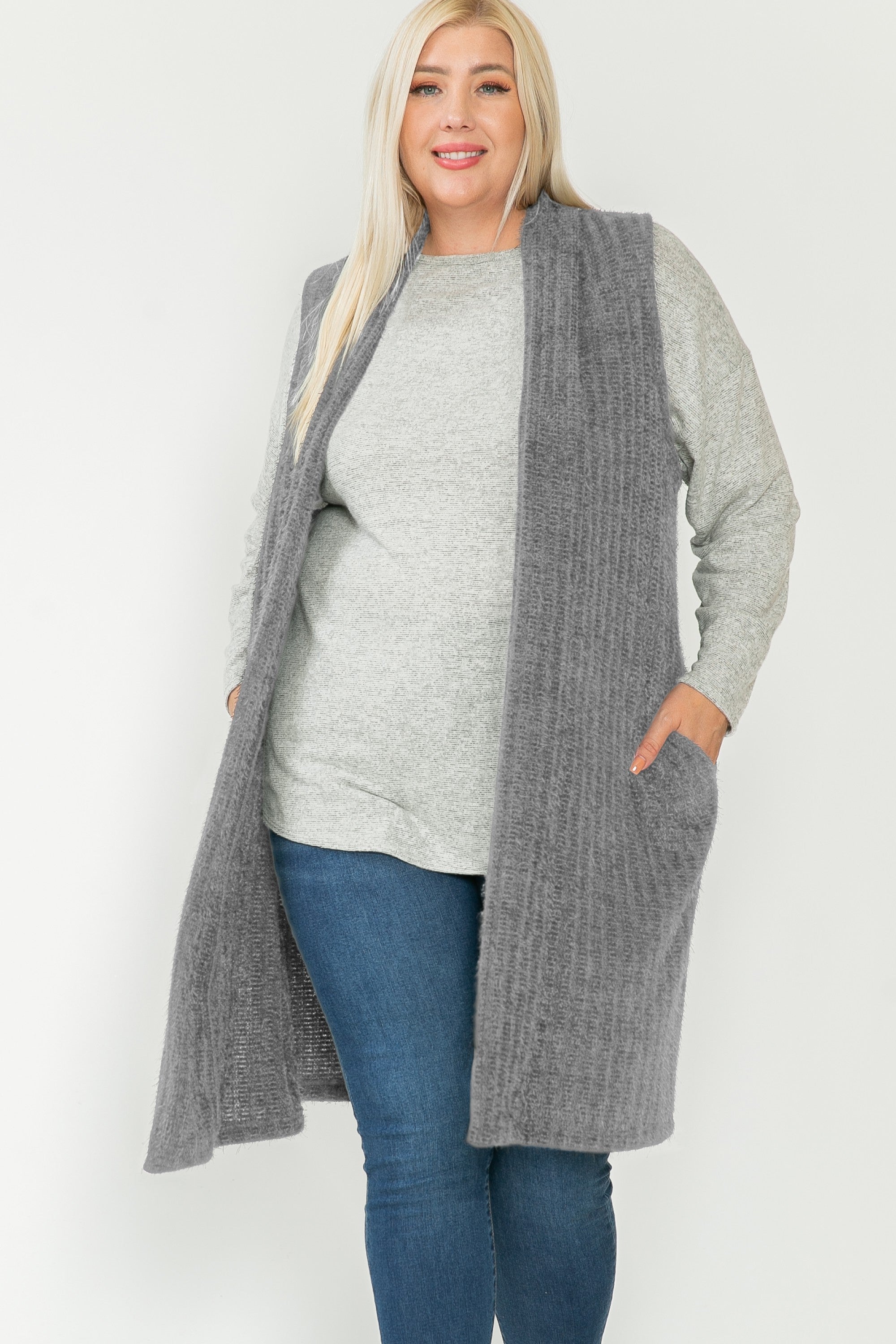 Gray Soft Chenille Mohair Fuzzy Knit Long Vest w Pockets