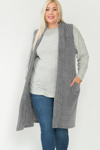 Gray Soft Chenille Mohair Fuzzy Knit Long Vest w Pockets