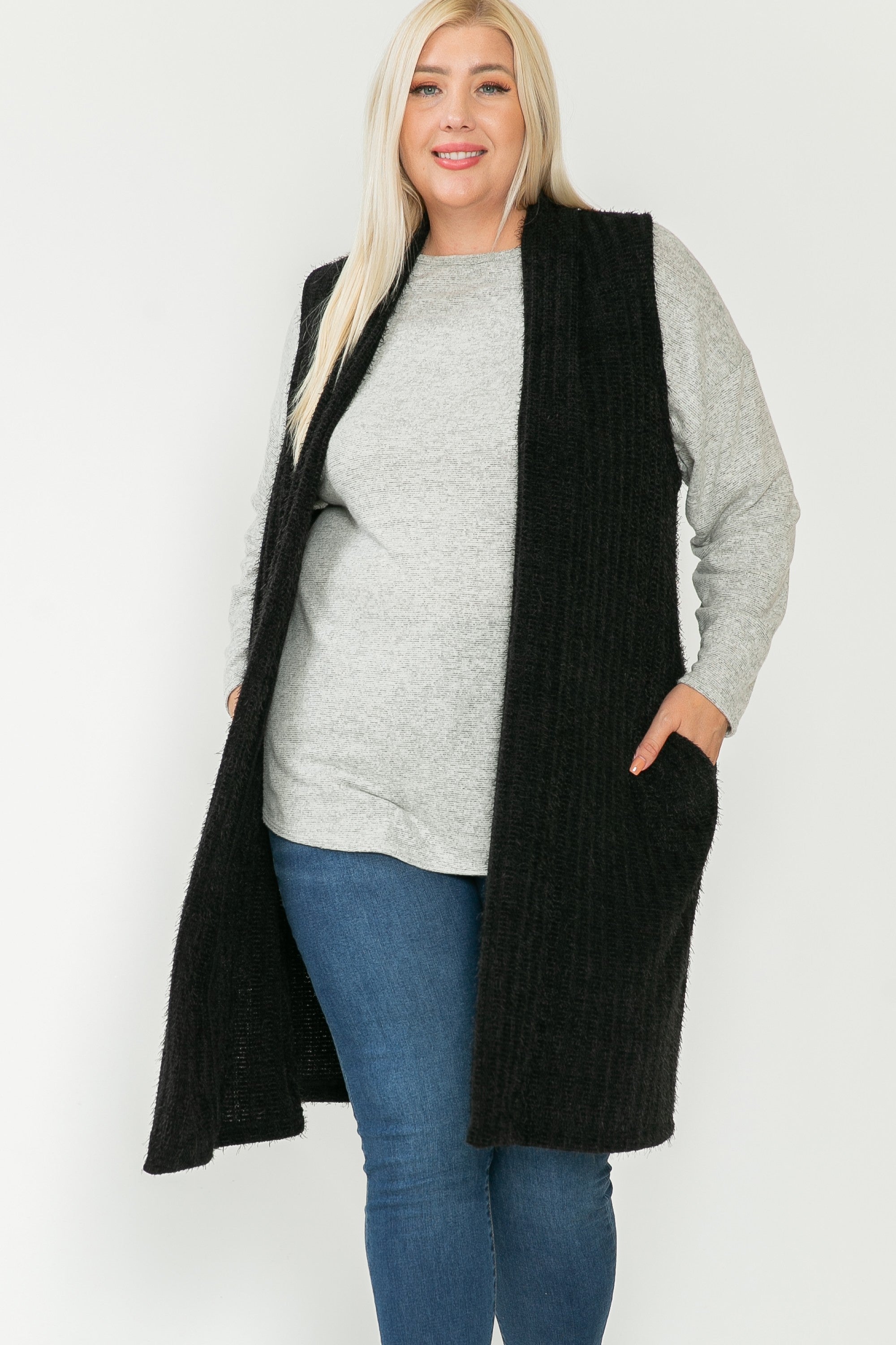 Black Soft Chenille Open Front Vest Layering Piece