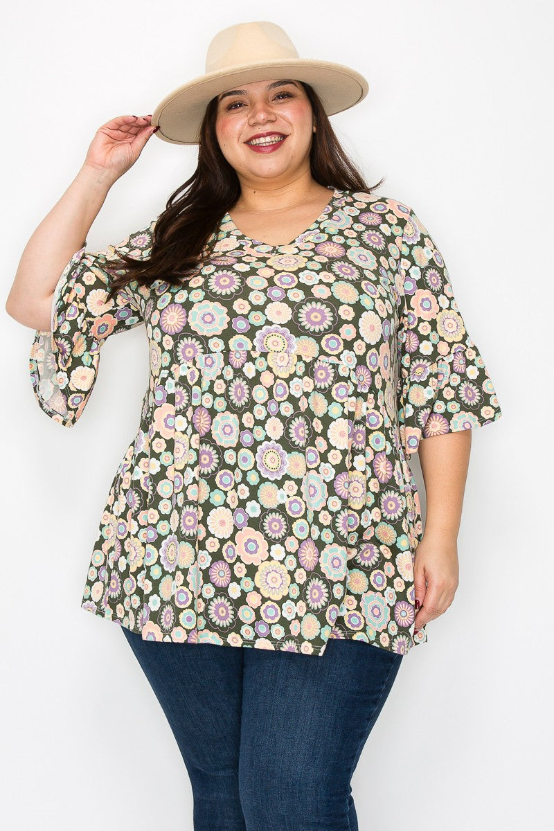 Beautiful Floral Print Tunic Shirt Top with Ruffle Sleeve